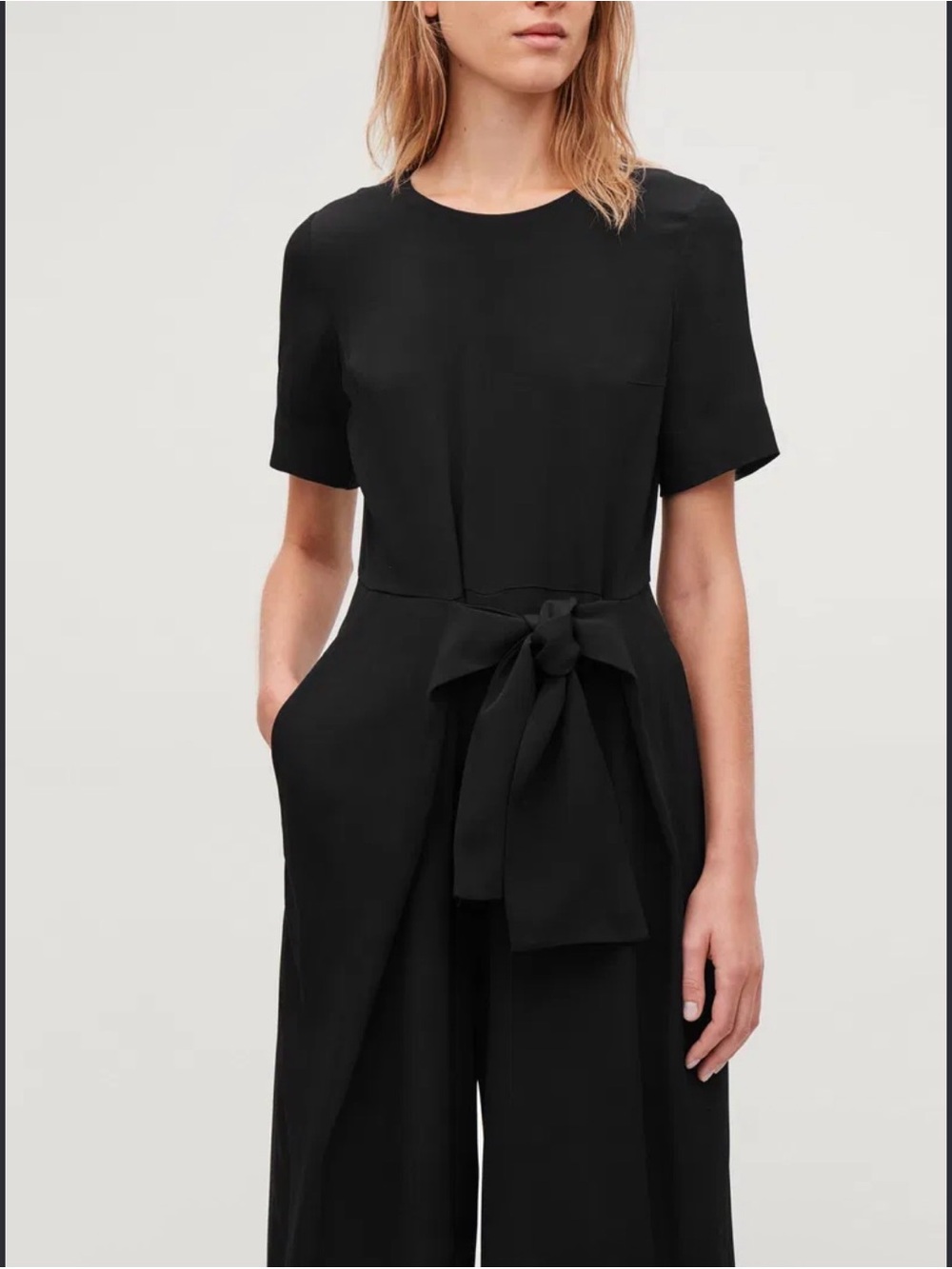 COS Jumpsuit Front Tie Black Womens Sz 36 Wide Leg Minimalist Edgy Office Classy